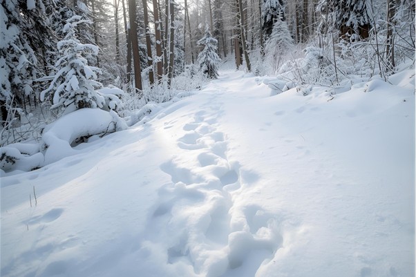 Steps in the snow along a quiet path